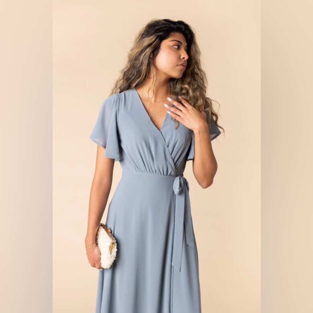 Arbor Dusty Blue Wrap Bridesmaids Maxi Dress